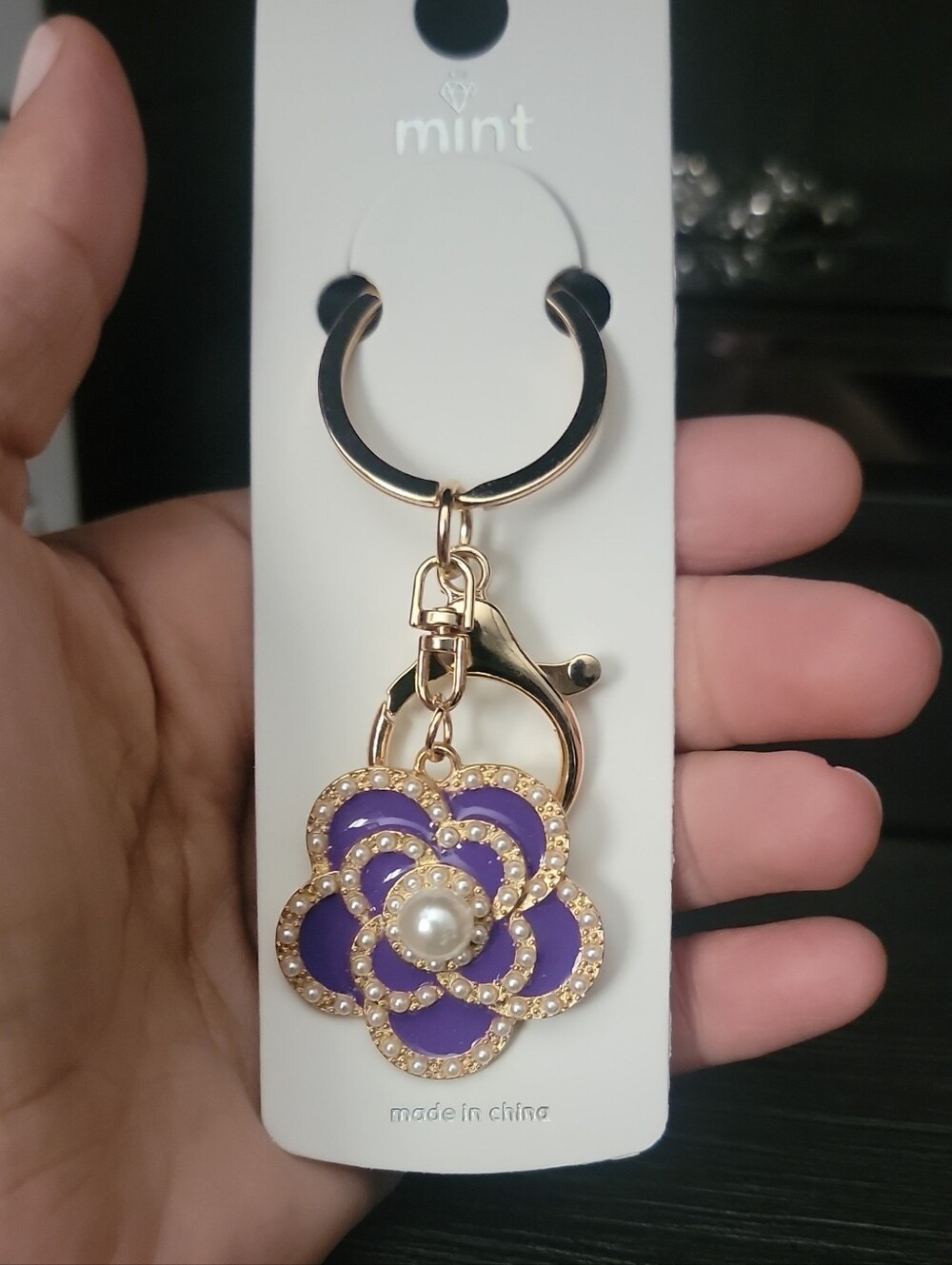 Gold-Tone Purple Floral Key Holder Charm with Pearl